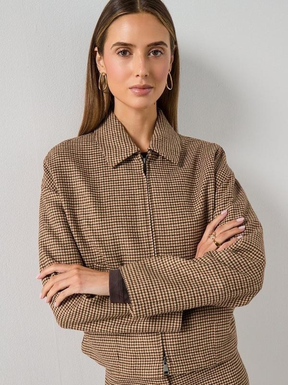 Mango Gina Houndstooth Zip-Front Jacket in Brown